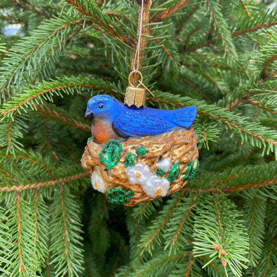 Blue Bird in Nest Christmas Ornament